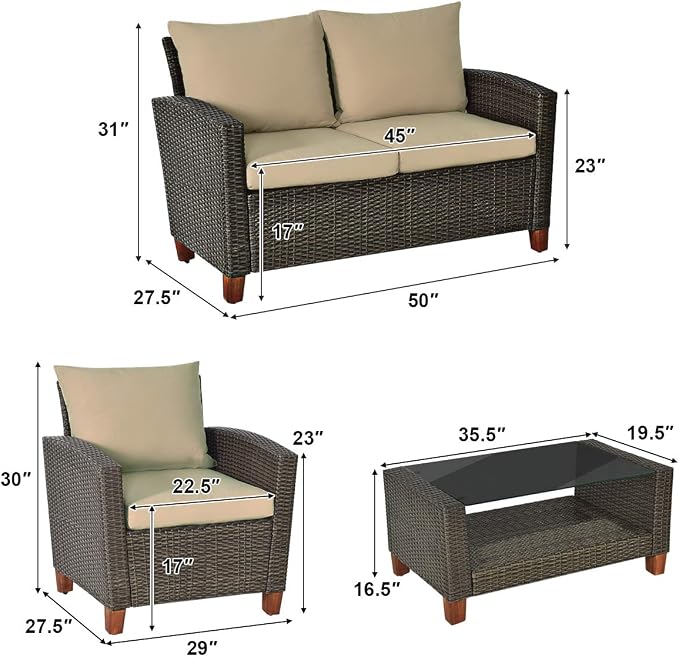 Tangkula 4 Piece Patio Rattan Furniture Set, Outdoor Wicker Conversation Set with Seat & Back Cushion,and Tempered Glass Coffee Table with Shelf, for Porch, Poolside, Backyard, Garden