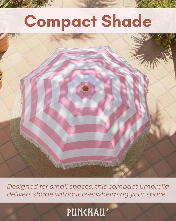 6 Ft Fringe Patio Umbrella - Outdoor Umbrella for Patio, Pool, Table, Garden, Deck, Beach, and Outdoors - Fashionable Boho Vintage Tassels & Wood Print - Push Button Tilt Pole