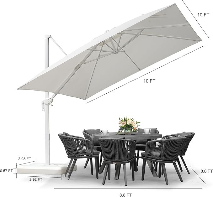 PURPLE LEAF 10 FT Patio Umbrella With Base White Cantilever Umbrella Square Outdoor Offset Umbrella Windproof with 360° Rotation for Garden Deck Pool, White