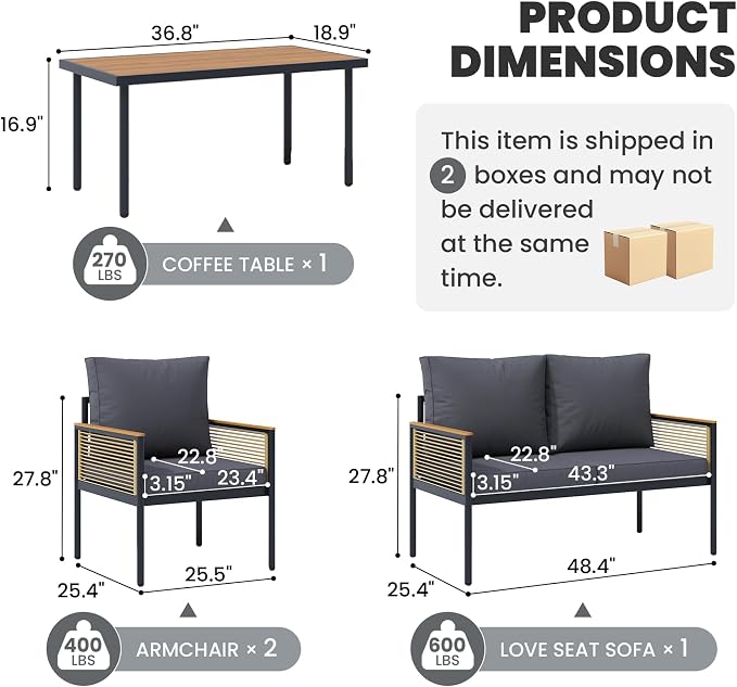 4 Pieces Patio Furniture Set, Outdoor Furniture Set with Table and Chairs, Metal Patio Conversation Sets with Thick Waterproof Cushions for Backyard, Garden, Poolside, Dark Grey (4 Seats)
