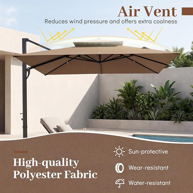 Tangkula 10 FT Patio Cantilever Umbrella, Large Square Offset Hanging Umbrella w/ 360° Rotation, 8 Sturdy Ribs, Air Vent & Cross Base, Heavy-Duty Outdoor Sun Shade for Backyard Pool Garden Deck, Tan