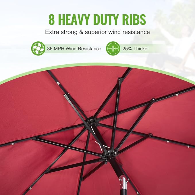 Backyard Expressions 9FT Solar Patio Umbrella with 32 LED Lights, UPF50+ UV Protection, Fade-Resistant Fabric, Easy Tilt & Crank, Outdoor Umbrella for Patio, Deck & Pool (Base Not Included)
