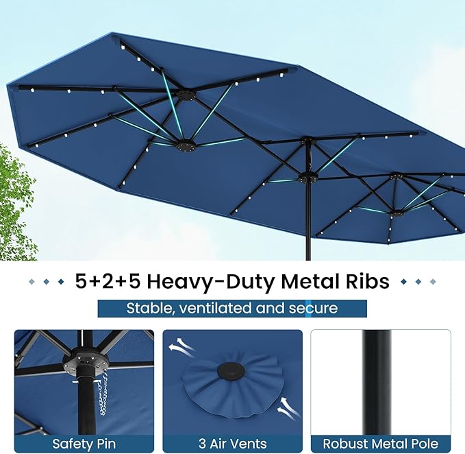 Tangkula 13FT Double-Sided Solar Patio Umbrella, Extra-Large Outdoor Twin Umbrella with 36 LED Lights, Vented Top, Crank Handle, 12 Ribs, Weighted Base Included for Backyard Poolside Deck (Navy)