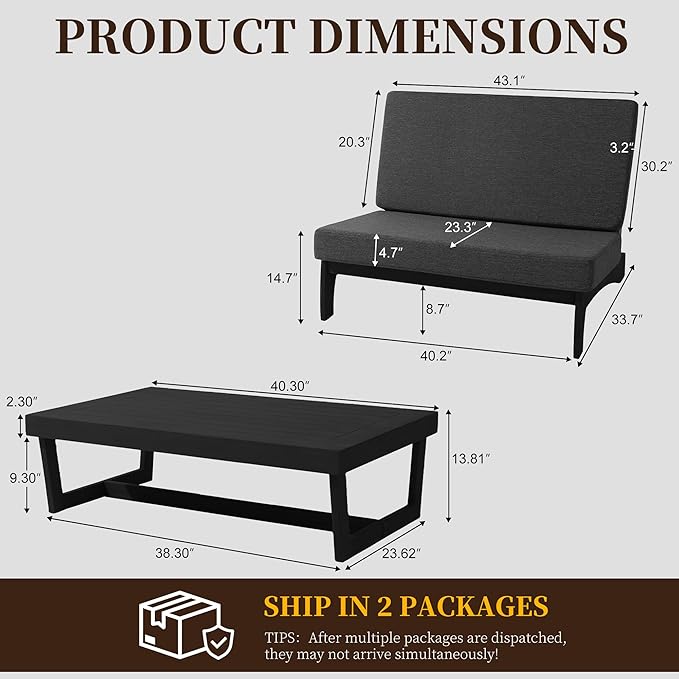 UIXE Black Wood Patio Furniture Sets, 2 Pieces All Weather Patio Loveseat Outdoor Sofa with Solid Wooden Coffee Table - Dark Gray