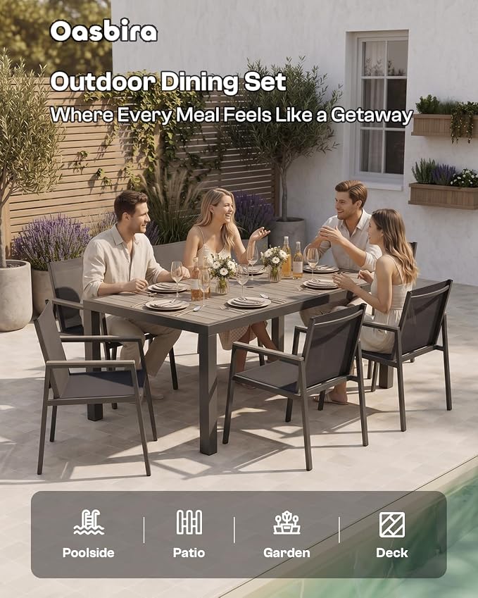 Outdoor Dining Set for 4, Aluminum Patio Table and Chairs Set, 5-Piece All Weather Patio Dining Furniture Set with Umbrella Hole for Backyard, Deck, Poolside (Gray)