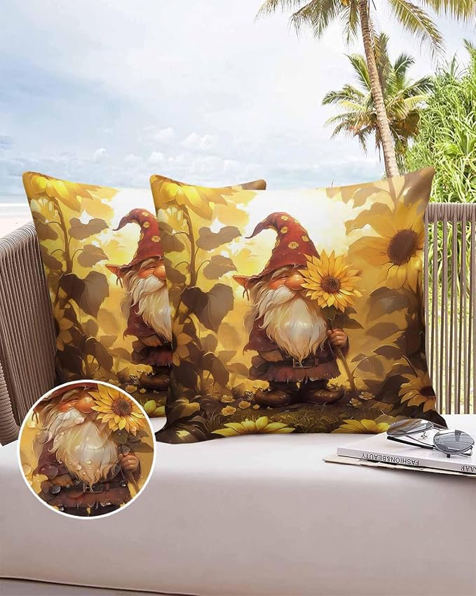 Outdoor Waterproof Throw Pillow Covers 24x24in, Vintage Gnome Sunflowers Cushions for Garden Patio Furniture Chairs Set of 2, Fall Thanksgiving Home Decor Couch Sofa Polyester Pillow Cases
