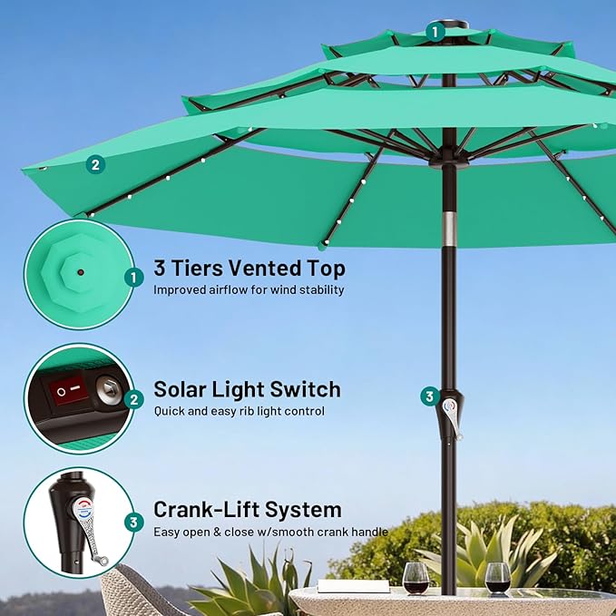 AreShark 9ft 3 Tiers Patio Umbrella with Solar Lights, Outdoor Umbrella w/ 32 LED Lights&8 Sturdy Ribs, Table Umbrella for Deck, Backyard, Pool (Turquoise)