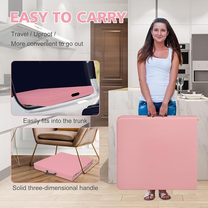 Portable 4Ft Folding Table, Heavy Duty Plastic Fold-in-Half Utility Foldable Table Small, Adjustable Height Plastic Folding Table with Carrying Handle for Camping & Party Indoor/Outdoor (Pink)
