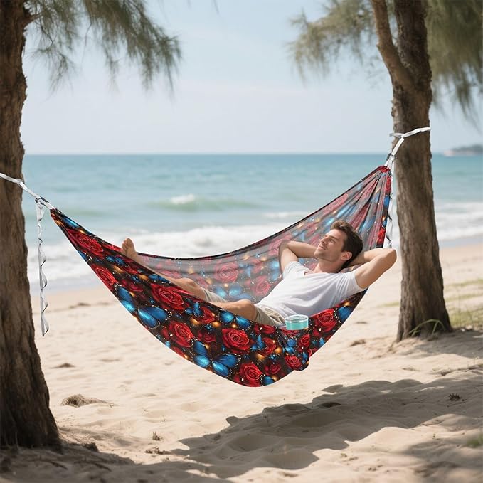 Camping Hammock Outdoor Hammocks for Outside Blue Butterfly Red Rose Beach Trees Portable Lightweight with Pockets Tree Straps Indoor