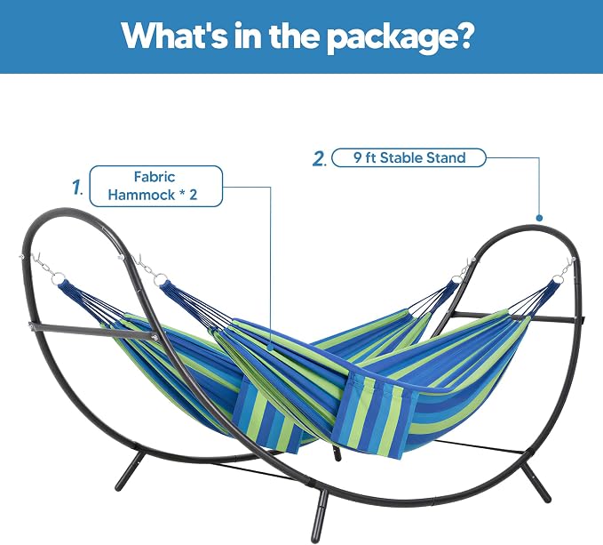 SUNCREAT Portable Outdoor Hammock with Stand, Double Hammocks with Stand for Outside, Patent Pending, Blue & Green