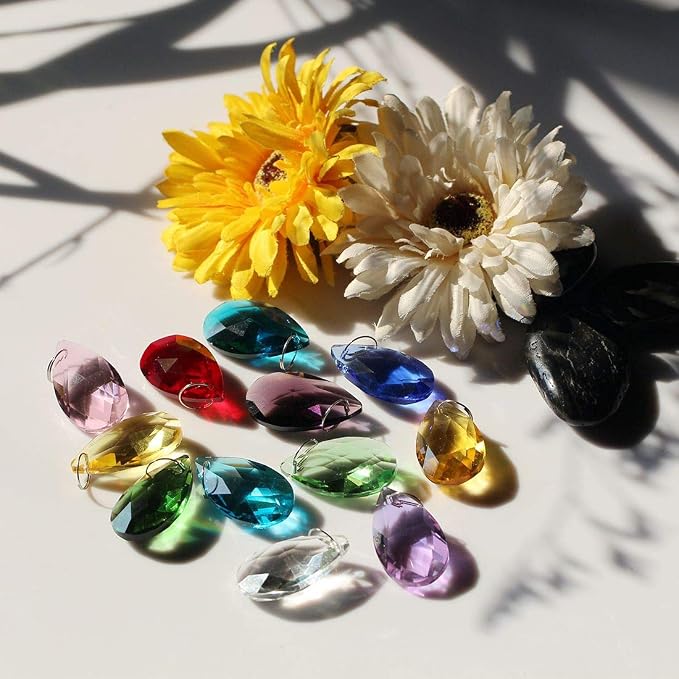 12 Pcs 38mm Multi-Color Crystal Prism Suncatcher Window Decor | Multi-Color Feng Shui Faceted Crystal Grid Prism 38mm Suncatcher Pendant Set of 12 for Window Chandelier Garden Wedding Decor