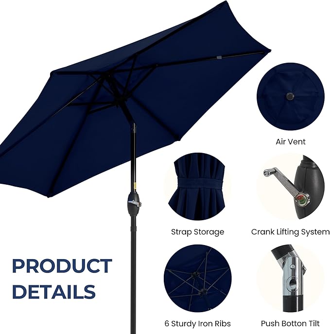 SUNVIVI OUTDOOR 7.5' Outdoor Patio Umbrella, Patio Umbrella, Market Umbrella, Aluminum Pole Umbrella with Push Button Tilt and Crank, 6 Ribs, Polyester Canopy, Navy Blue