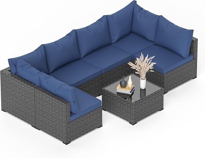 Patio Furniture Set, 7PCS Outdoor Sectional PE Rattan Patio Conversation Set w/Thickened Cushion Modular Wicker Patio Sofa Set w/Coffee Table for Balcony, Backyard(Blue)