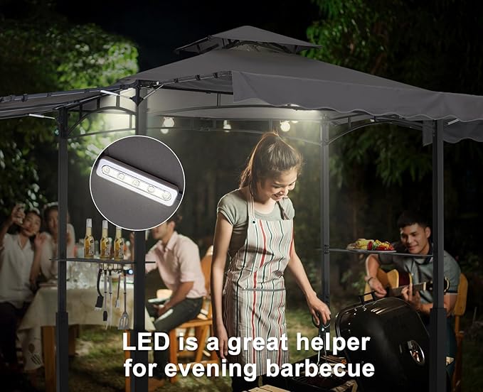 ABCCANOPY Grill Gazebo with Extra Awning on Three Sides - 5'x14' Outdoor Grill Canopy BBQ Gazebo Barbecue Canopy with LED Lights for Backyard, Lawn and Patio (Dark Gray)