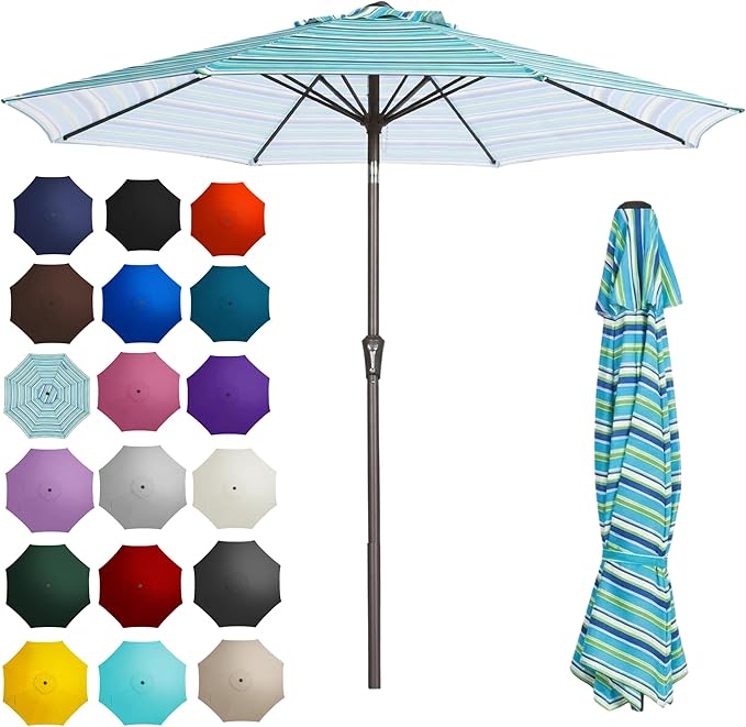 PatioKingdom 9FT Patio Outdoor Umbrella-UPF 50+ Sun Shade with Wind Vent, Push-Button Tilt & Smooth Crank Lift, Rust-Resistant Fiberglass Frame for Garden, Backyard,Yard (Blue Green Stripes)