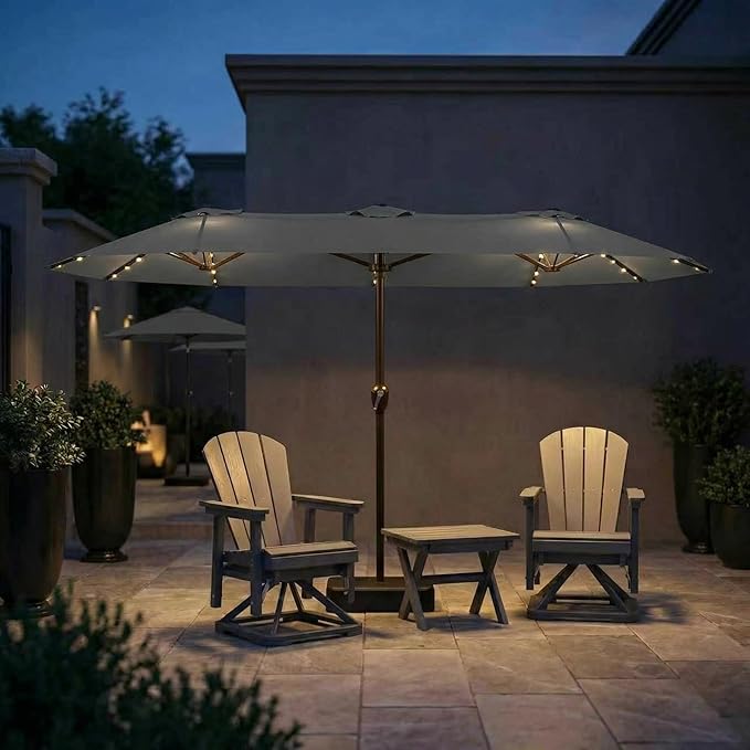 15FT Patio Umbrella with Solar Lights, Double-Sided Extra Large Outdoor Table Umbrella with Base Included, Heavy-Duty 12 Iron Ribs Market Umbrella for Garden, Pool, Backyard, Gray