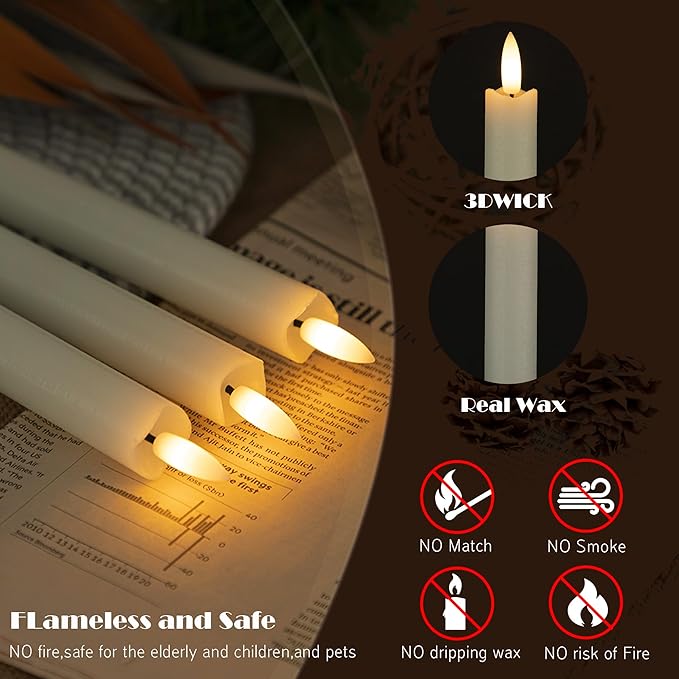 JOIONE Flameless Taper Candles with Remote Timer, 6Pack Battery Operated Real Wax Flickering Flame, Fake Electric LED Candles Warm Light for Mother's Day Christmas-White