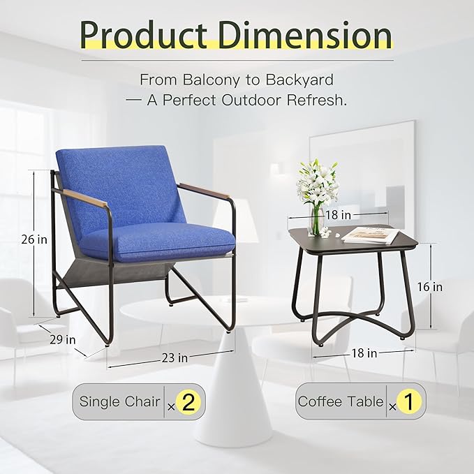 3-Piece Patio Furniture Set, Compact Outdoor Conversation Set with 2 Chairs and Glass Table, Weather-Resistant for Apartment Patio, Small Spaces, Balcony, Backyard – Navy Blue