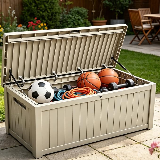 Outdoor Storage Solution with Deck Box Design, Multi-purpose Patio Furniture for Garden Tools, Shoe Storage & Cushions, Strong Storage Bins with Lids Style (beige)
