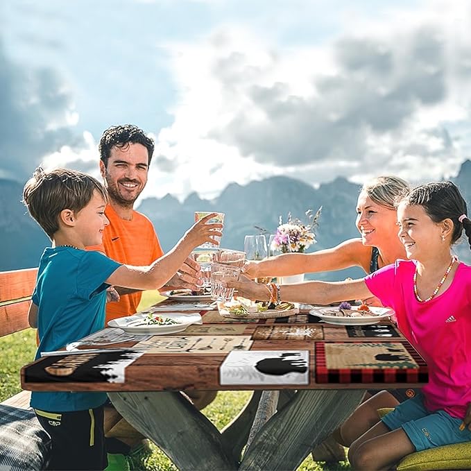 Picnic Table Cover with Bench Covers Elastic Edges, Vintage Camper Fitted Table Cover, Outdoor Patio Camping Essentials 72 Inch 3PCS, Waterproof Camping Fitted Tablecloth with Drawstring Bag
