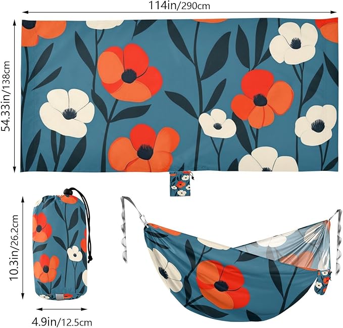 Orange Flowers Blue Background 330lb Capacity Outdoor Hammocks Tree Hammock for Camping Travel Accessories hamaca con soporte para adultos