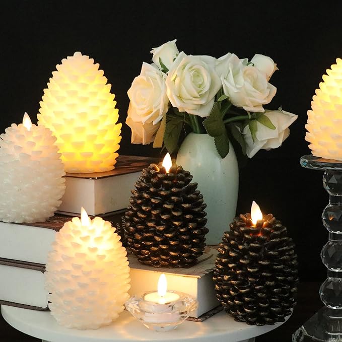 Wondise Pine Cone Flickering Flameless Candles with Remote and Timer, Battery Operated LED Real Wax Flameless Candles, for Christmas Decoration, Set of 2(Ivory)