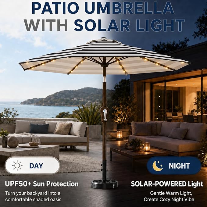 10FT Solar Patio Umbrella with Lights, Outdoor Table Market Umbrella with 32 LED Lights, 8 Sturdy Ribs, Push Button Tilt and Crank for Pool, Deck and Garden, UV-Resistant