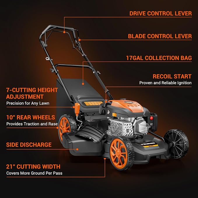 21" Self-Propelled Gas Lawn Mower, 170CC Engine, 3-in-1 Mulching, Bagging & Side Discharge, 7-Position Height Adjustment, Easy Lawn Care for Large Yards & Thick Grass