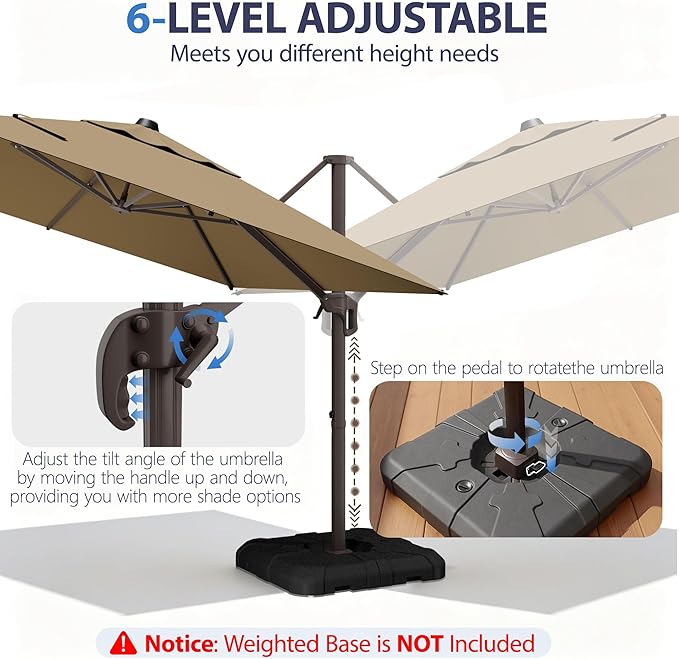 9' X 12' Cantilever Patio Umbrella Rectangle Outdoor Umbrella with Base Included, 6-Level Tilt & 360° Rotation Offset Umbrella for Garden, Deck, Pool (Brown)