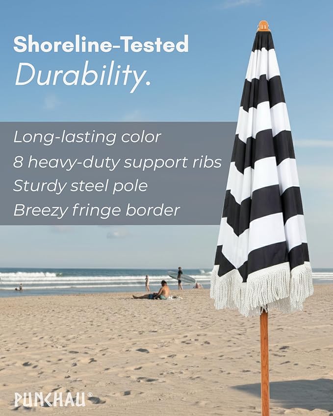 6 Ft Fringe Patio Umbrella - Outdoor Umbrella for Patio, Pool, Table, Garden, Deck, Beach, and Outdoors - Fashionable Boho Vintage Tassels & Wood Print - Push Button Tilt Pole