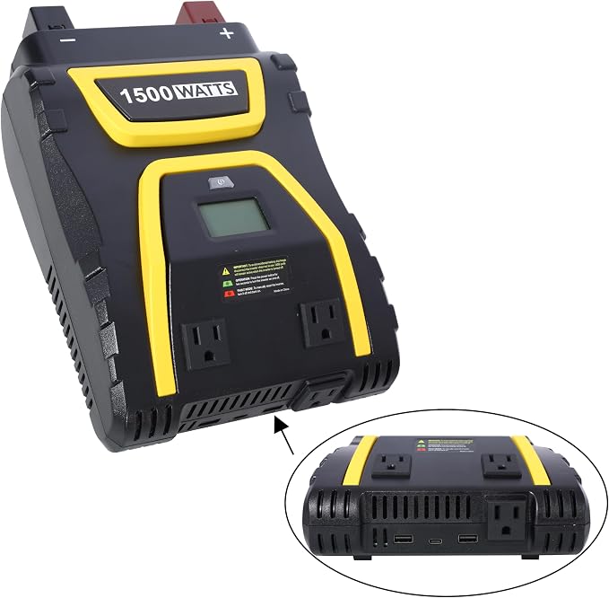 1500W Vehicle Power Inverter Modified Sine Wave with LED Screen and 3AC Socket Portable AC Power Emergencies 12V to 115V for Truck RV Emergency Backup Plastic Black
