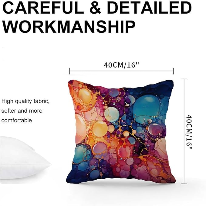 Ink Rainbow Shapes with Gold Pillowcase Abstract Alcohol Ink Textures Throw Pillow Cover Farmhouse Outdoor Waterproof Decorative Pillow Cover for Patio Couch Bench 16x16 in
