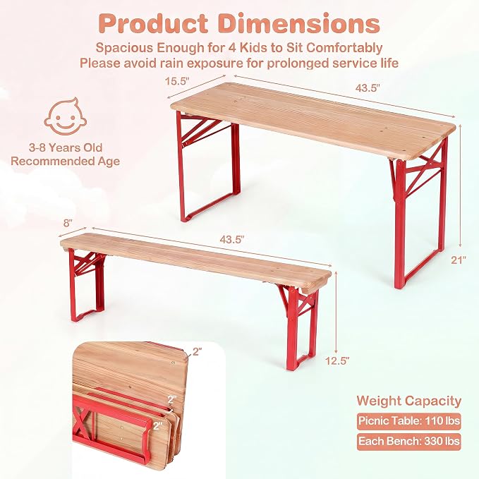 HONEY JOY Kids Picnic Table, 43.5 Inch Folding Toddler Outdoor Table & 2 Benches, Fir Wood Top & Metal Frame, No Assembly, Portable Easy to Store Camping Table and Chairs for Patio Backyard (Red)