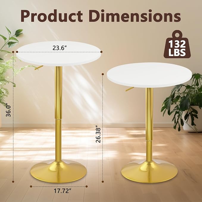 CLATINA Round Bar Pub Tables Set of 4, 26"-36" Height Adjustable Bistro Table with Gold Base, 360° Swivel High Top Cocktail Table for Home Kitchen Party Drink Restaurant Wedding Cafe Reception, White