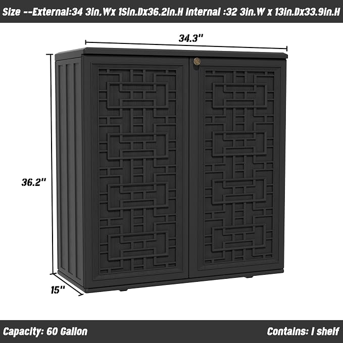 Mrosaa Indoor Outdoor Storage Cabinet Waterproof with Shelf,Plastic Storage Sheds Outdoor Cabinets for Patio/Garden/Backyard, Size 34.3''L*15''W*36.2''H（Black）