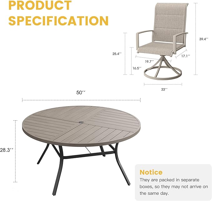 VICLLAX Patio Dining Set for 6, 6 Seats Outdoor Furniture Includes 50.1" Round Patio Table and Swivel Padded Chairs, Grey Wood Grain Tabletop and Sandshell Fabric