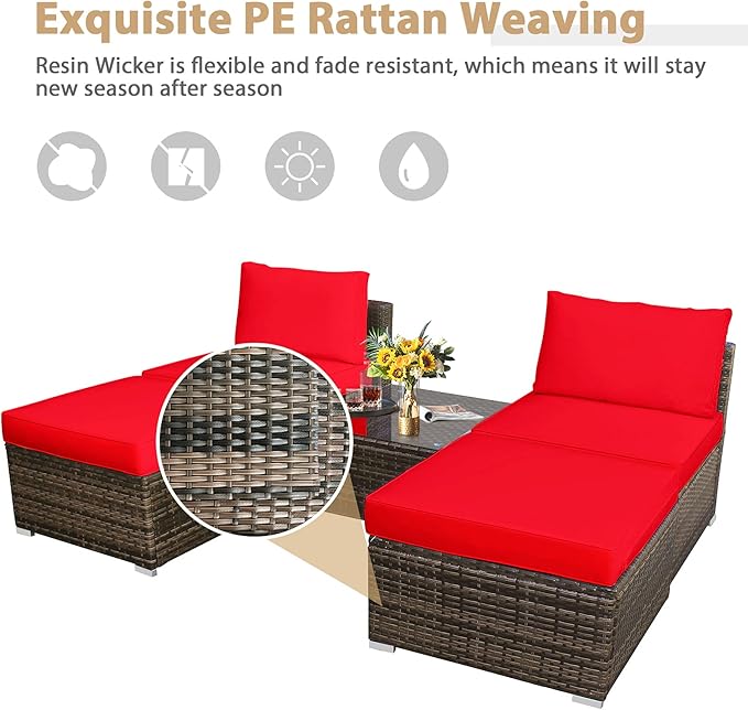 Tangkula 5 Piece Wicker Lounge Chair Set, with Tempered Glass Coffee Table, Outdoor Conversation Sets w/Washable Zippered Cushions, Includes 2 Armless Sofas, 2 Ottomans and 1 Side Table (Red)