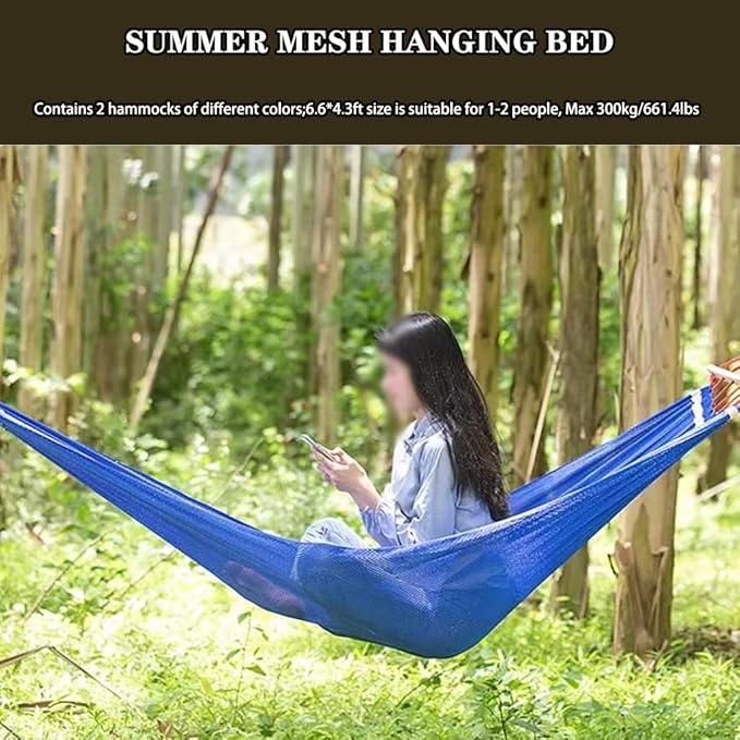 2-Pack Summer Ice Silk Hammock, Beach Comfortable Anti-Rollover Double Hanging Bed, Relax/Sleep, Load Bearing 300kg/661.4lbs(Blue+Purple)