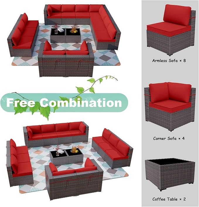 ALAULM 14 Pieces Patio Furniture Set Wicker Patio Conversation Set, Outdoor Sectional Furniture w/Coffee Table & Washable Seat Cushions-Red