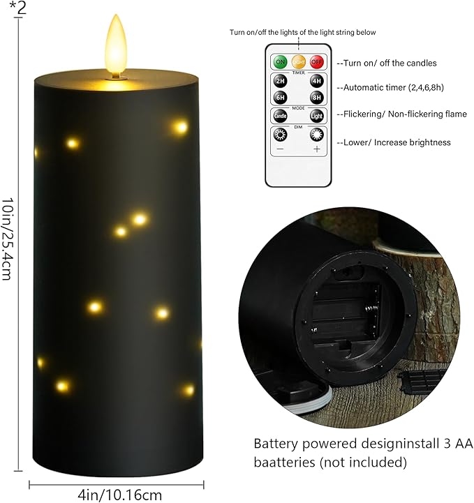kakoya 10" x 4" Large Outdoor Waterproof Flickering Flameless Candles with Timer,2Pcs Battery Operated LED Pillar Candles with Embedded Star String for Outdoor Lanterns,Porch,Patio Decor(Black)