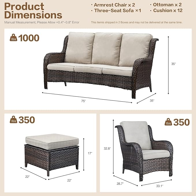 5 Pieces Outdoor Patio Furniture Conversation Set PE Rattan Wicker with a 3-Seater Sofa, 2 Armchairs, 2 Outdoor Ottomans for Yard Backyard (Brown/Beige)