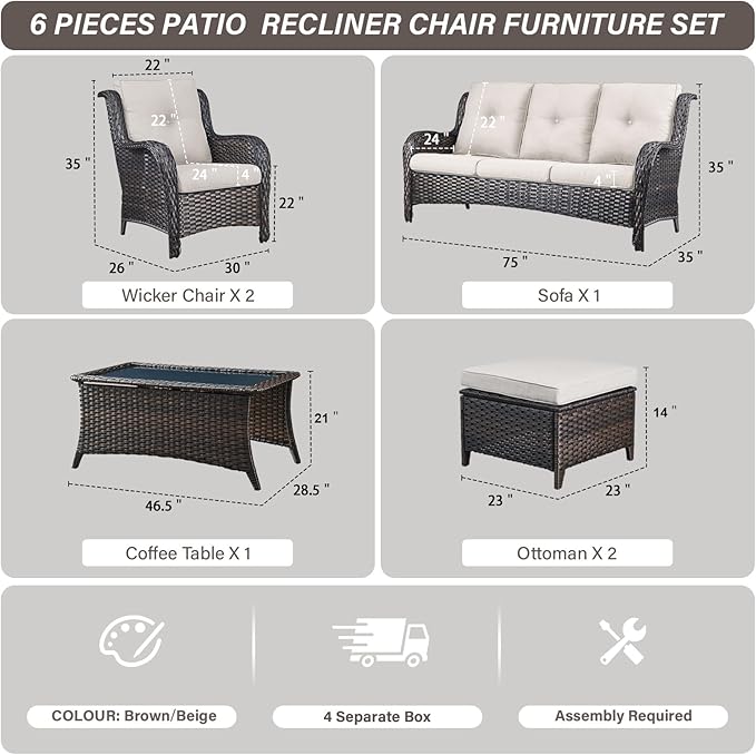 Belord Patio Wicker Sofa Set 6 Pieces Patio Furniture Set Outdoor Couch, 2 Patio Wicker Chairs with 1 Sofa, Coffee Table and Ottomans, Patio Conversation Set for Porch Garden Deck Balcony Poolside