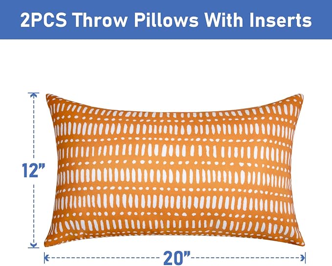 Pack of 2 Outdoor Pillows, 12x20 Outdoor Lumbar Pillows Waterproof | Outdoor Throw Pillows with Inserts, Fluffy and Supportive, Decorative Pillow for Patio and Garden, Pebble Orange