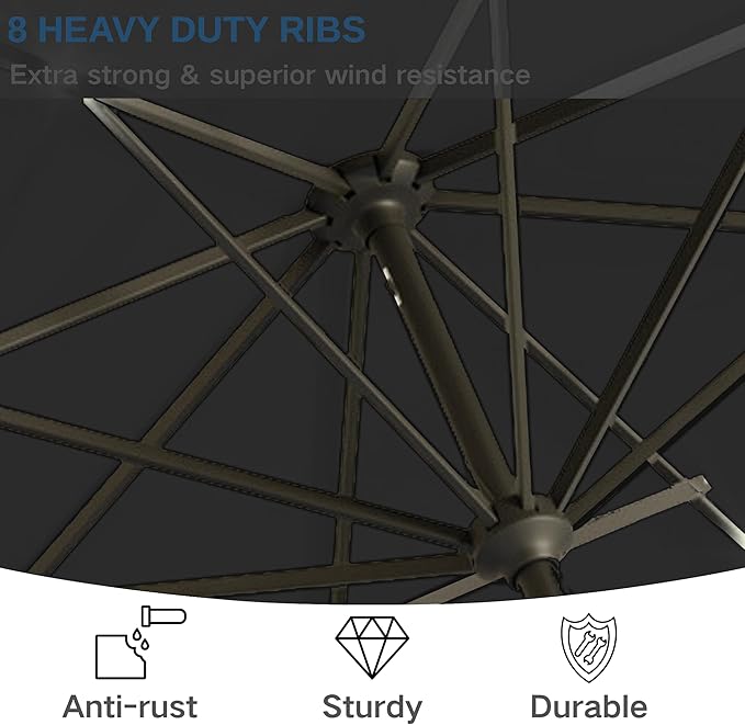 9' Solar LED Patio Umbrella with Tilt & Crank|8 Sturdy Ribs,UV Protection,Outdoor Market Table Umbrella for Deck,Lawn,Pool,Backyard(Black)
