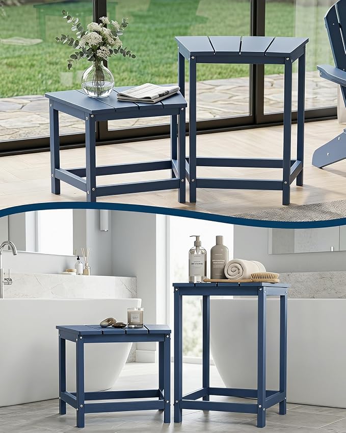 FOOWIN Adirondack Side Table Set of 2, 2-Tier Outdoor Side Table Weather Resistant, 40"& 60" H Small Patio Table Set, Purespa Accessory Bench Set for Outdoor or Indoor Use, Blue