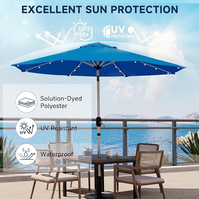 9FT Aluminum Patio Umbrella with 40-LED Solar Lighted, Fade-Resistant Outdoor Market Table Umbrella with Push Button Tilt Function, 8 Sturdy All-Aluminum Ribs for Gardens, Decks, Backyards & Pools