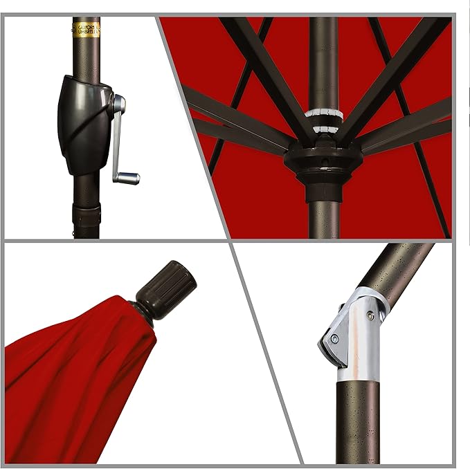 California Umbrella 7.5' Round Aluminum Market Umbrella, Crank Lift, Push Button Tilt, Bronze Pole, Canvas Jockey Red