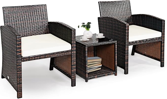 Tangkula 3-Piece Outdoor PE Rattan Furniture Set, Patio Conversation Set w/Chair & Storage Coffee Table, Detachable Cushion, Stable X-Shaped Frame, Perfect for Garden, Backyard, Poolside (White)