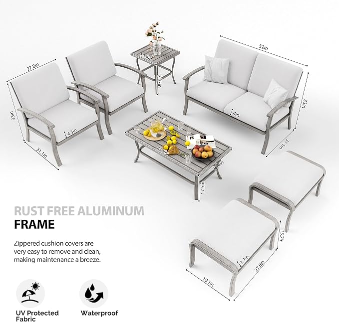 HAPPATIO 7 Piece Aluminum Patio Furniture Set, Outdoor Armchairs with Ottomans and Loveseat, Outdoor Sectional Sofa with Side Table and Coffee Table, Garden Conversation Set for Lawn(Gray)