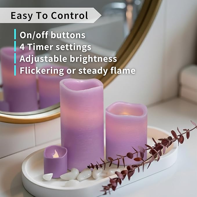 FURORA LIGHTING Purple Real Wax Flameless Candles with Remote and Timer, 4 Pillars and 4 Votives Pack of 8, LED Flickering Candles for Home Décor, Battery Included